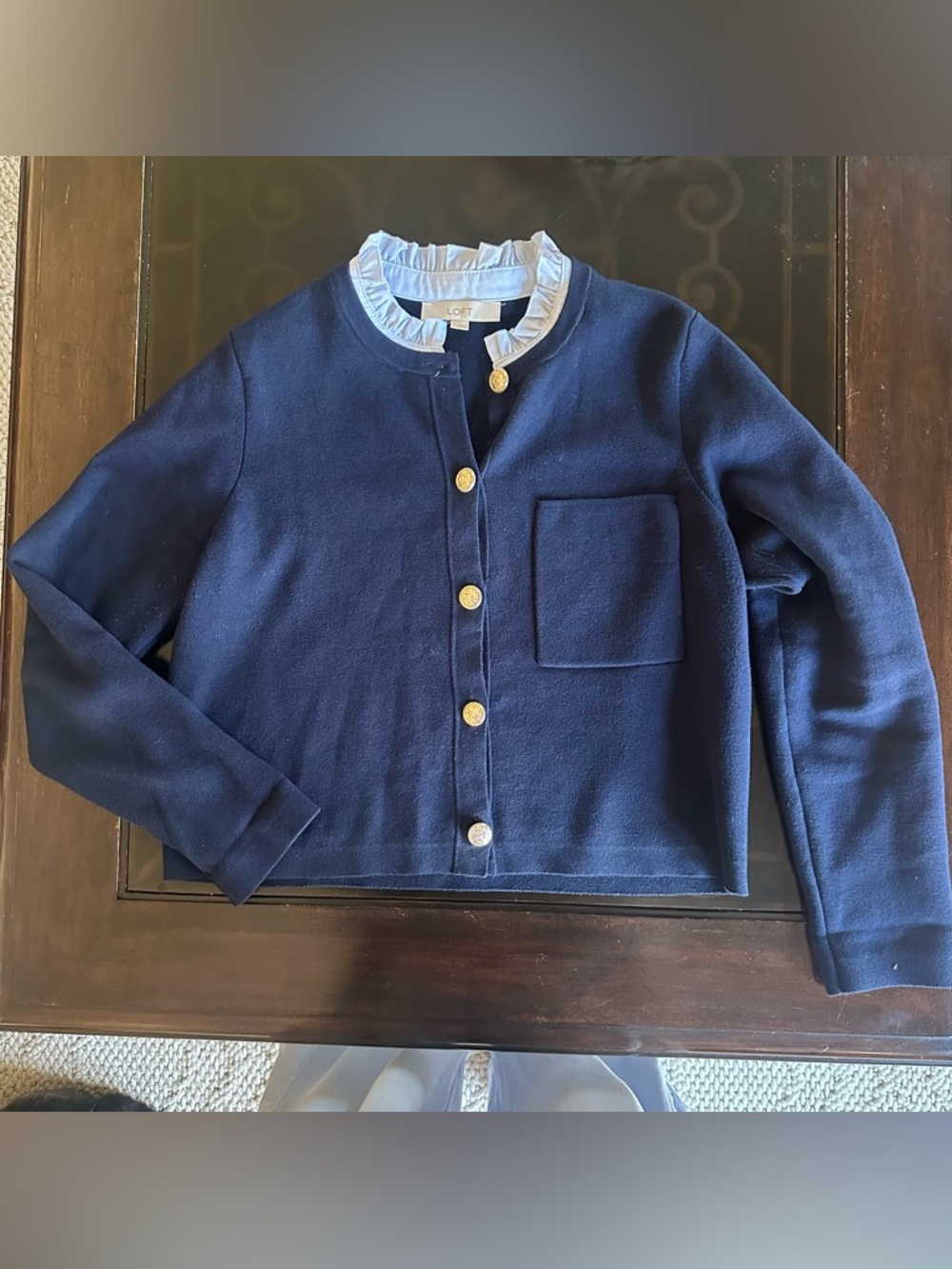 LOFT Women's' Navy Ruffle Collar Cardigan Jacket, Size Large